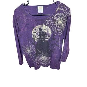 Purple Halloween Haunted House Spider Web Long Sleeve Top Rhinestones Bats